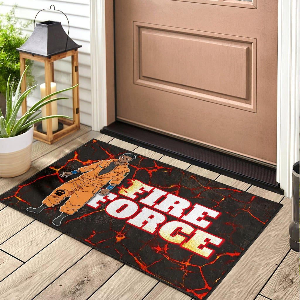 Fire Force Anime Door Mat Ogun Montgomery Wearing Orange Uniform Larsen Background Door Mat Home Decor