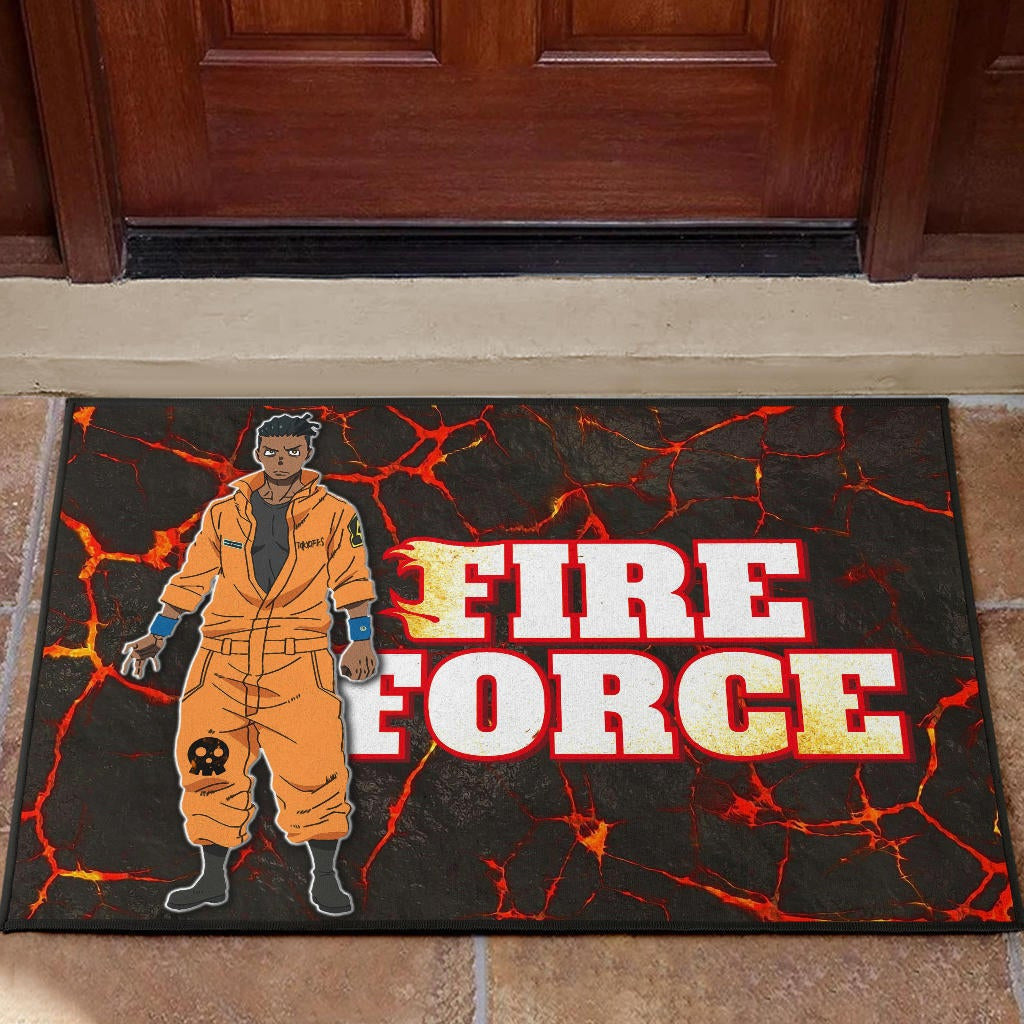 Fire Force Anime Door Mat Ogun Montgomery Wearing Orange Uniform Larsen Background Door Mat Home Decor