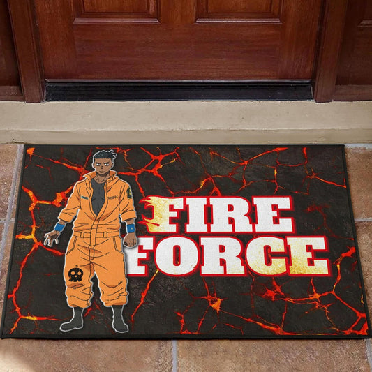 Fire Force Anime Door Mat Ogun Montgomery Wearing Orange Uniform Larsen Background Door Mat Home Decor