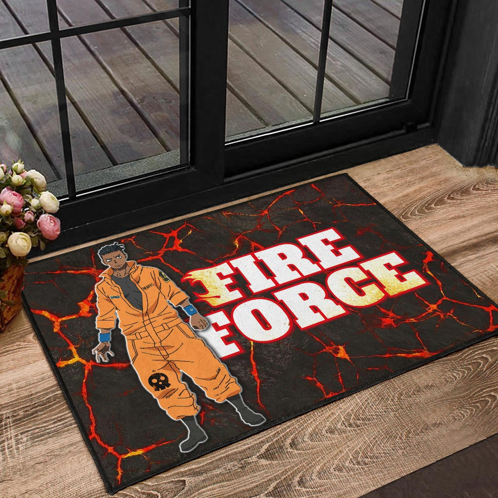 Fire Force Anime Door Mat Ogun Montgomery Wearing Orange Uniform Larsen Background Door Mat Home Decor