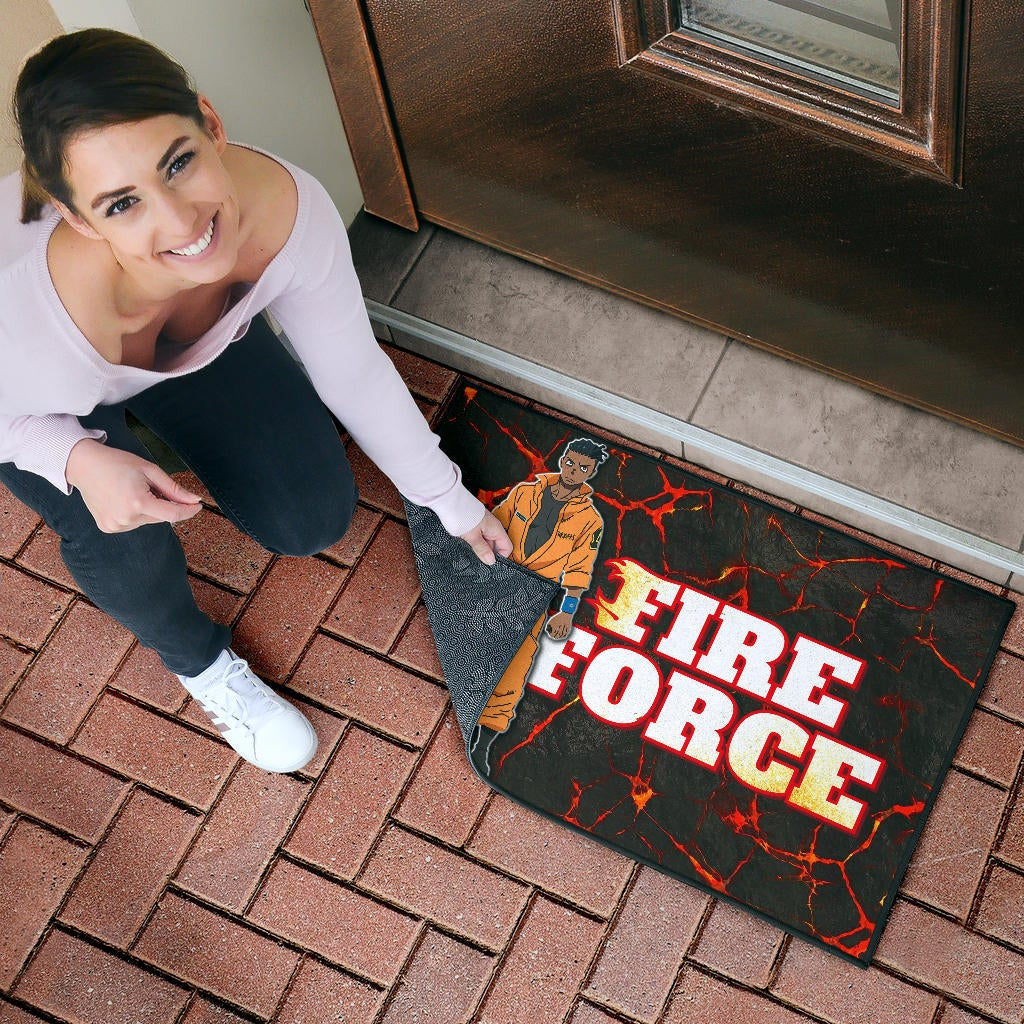 Fire Force Anime Door Mat Ogun Montgomery Wearing Orange Uniform Larsen Background Door Mat Home Decor