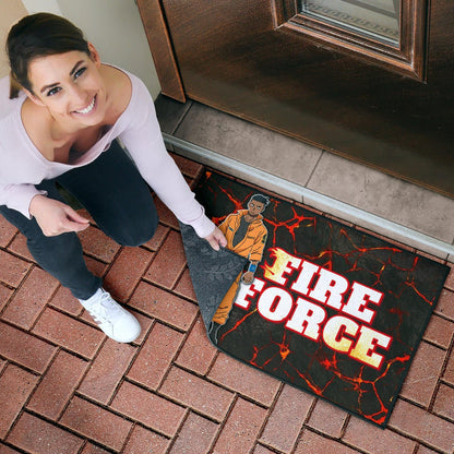 Fire Force Anime Door Mat Ogun Montgomery Wearing Orange Uniform Larsen Background Door Mat Home Decor