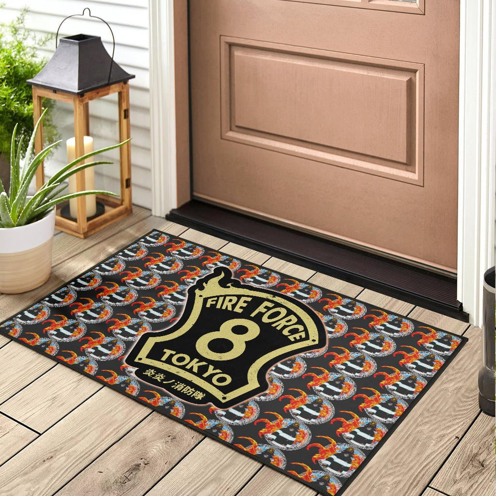 Fire Force Anime Door Mat Shinra Kusakabe Silhouette Evil Smile In Fire Patterns Door Mat Home Decor
