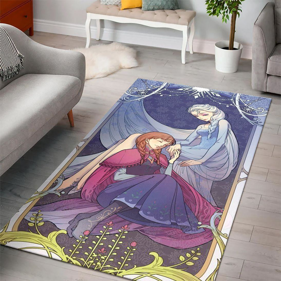 Disney Movies Rectangle Rug | Frozen Disney Princess Characters Living Room Cartoon Floor Carpet