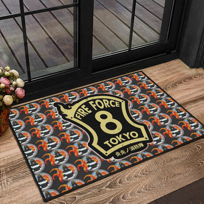 Fire Force Anime Door Mat Shinra Kusakabe Silhouette Evil Smile In Fire Patterns Door Mat Home Decor