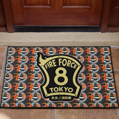 Fire Force Anime Door Mat Shinra Kusakabe Silhouette Evil Smile In Fire Patterns Door Mat Home Decor