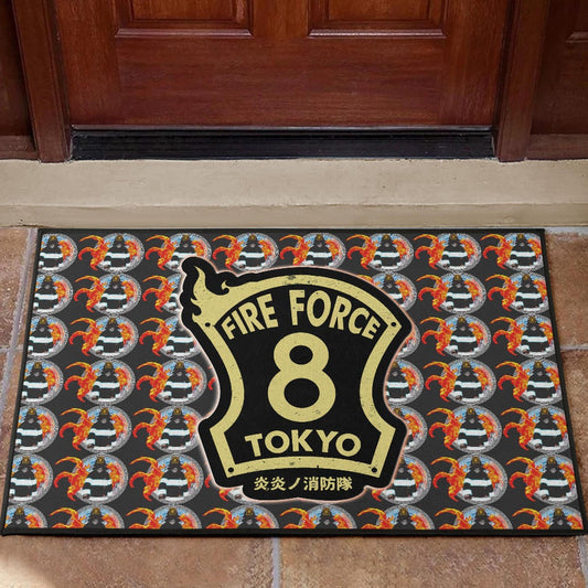 Fire Force Anime Door Mat Shinra Kusakabe Silhouette Evil Smile In Fire Patterns Door Mat Home Decor