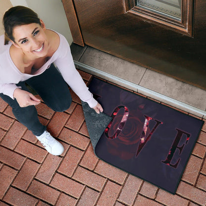 Love Door Mat - LOVE Text Rose Flower Black Background Door Mat