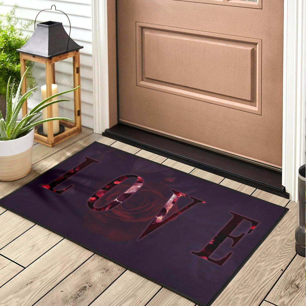 Love Door Mat - LOVE Text Rose Flower Black Background Door Mat