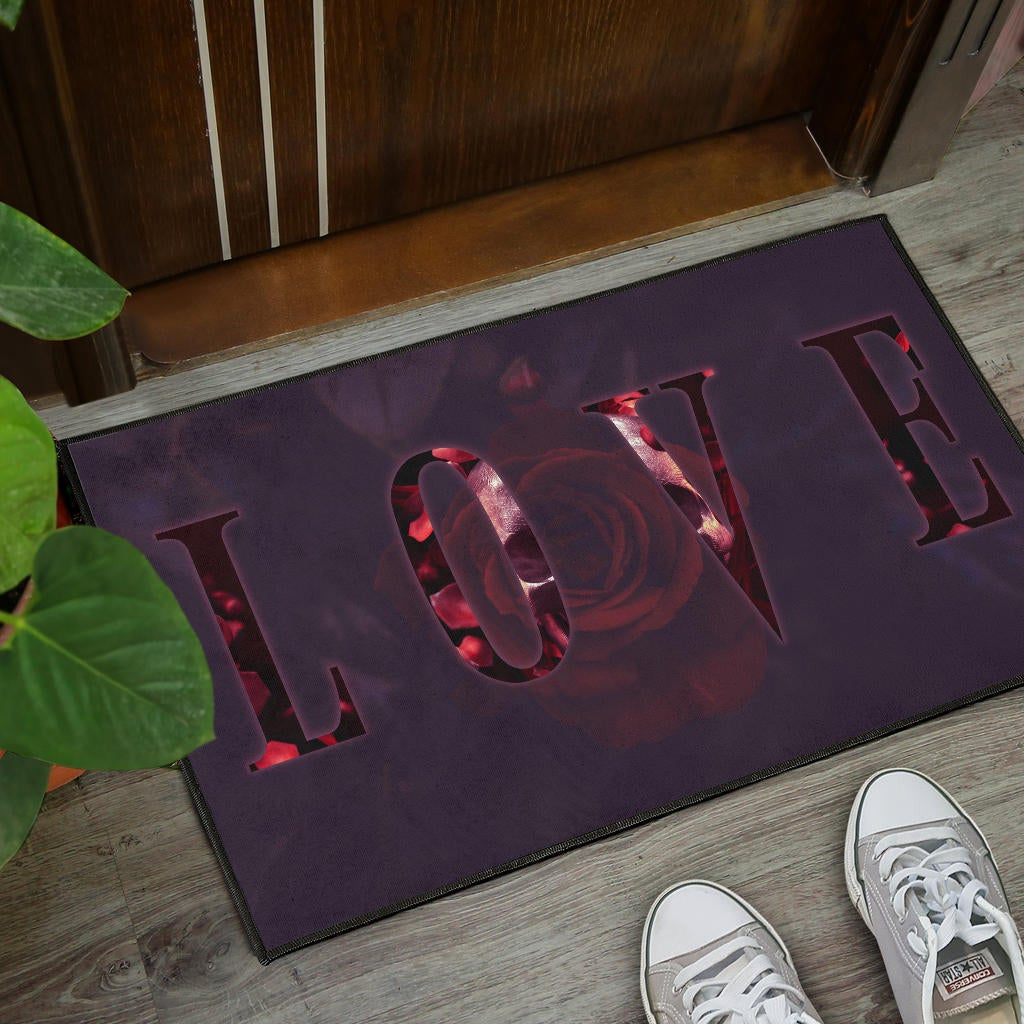 Love Door Mat - LOVE Text Rose Flower Black Background Door Mat