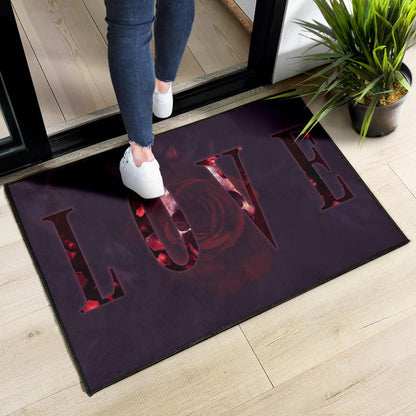 Love Door Mat - LOVE Text Rose Flower Black Background Door Mat