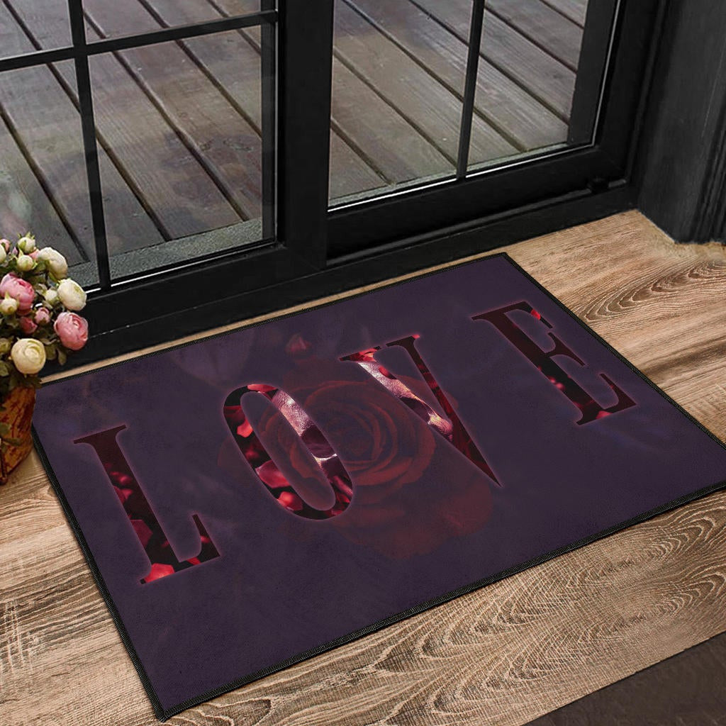 Love Door Mat - LOVE Text Rose Flower Black Background Door Mat