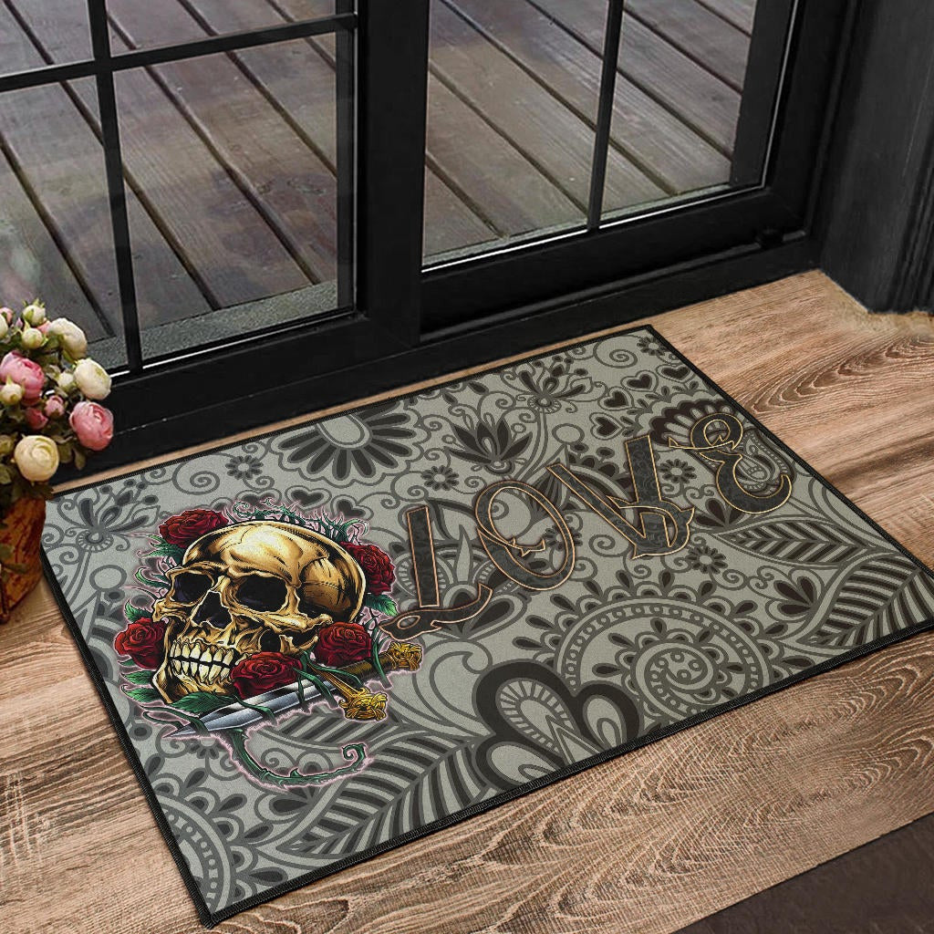 Valentine Door Mat - Golden Skull On Bunch Of Rose Flower Love Door Mat Home Decor