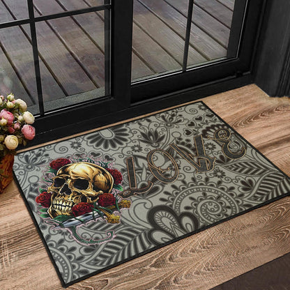 Valentine Door Mat - Golden Skull On Bunch Of Rose Flower Love Door Mat Home Decor
