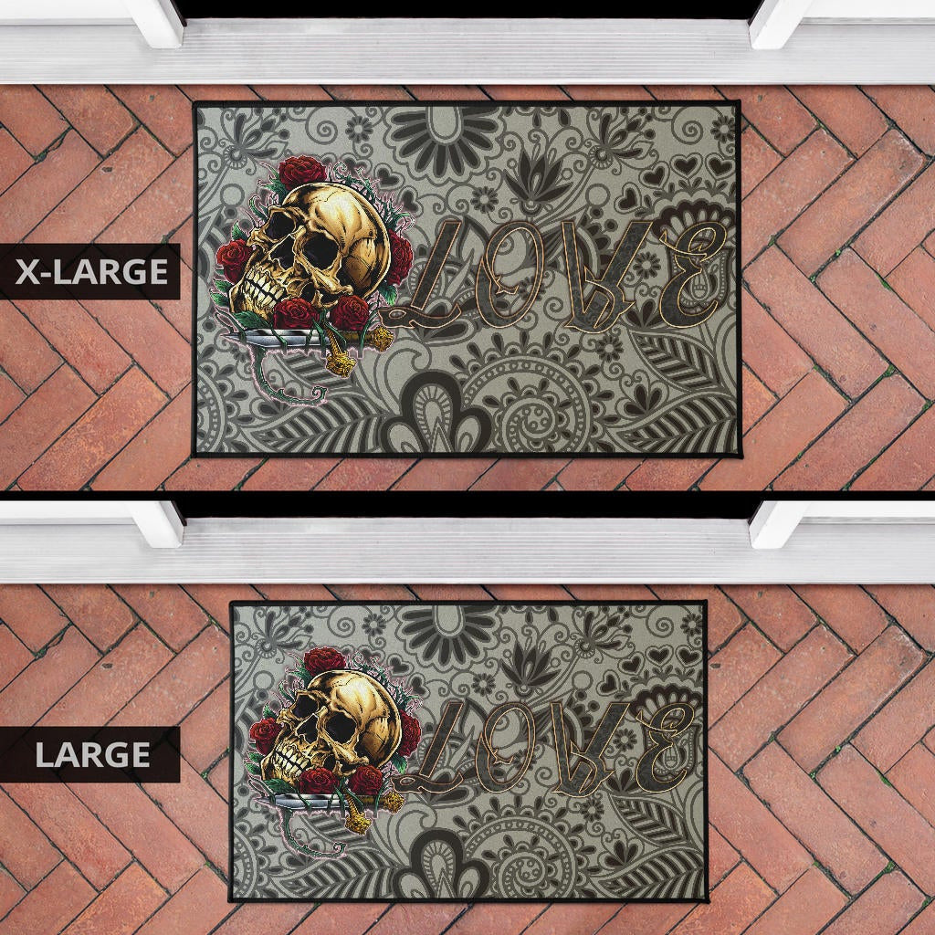 Valentine Door Mat - Golden Skull On Bunch Of Rose Flower Love Door Mat Home Decor
