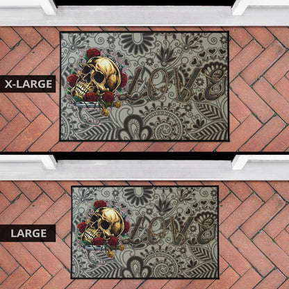 Valentine Door Mat - Golden Skull On Bunch Of Rose Flower Love Door Mat Home Decor