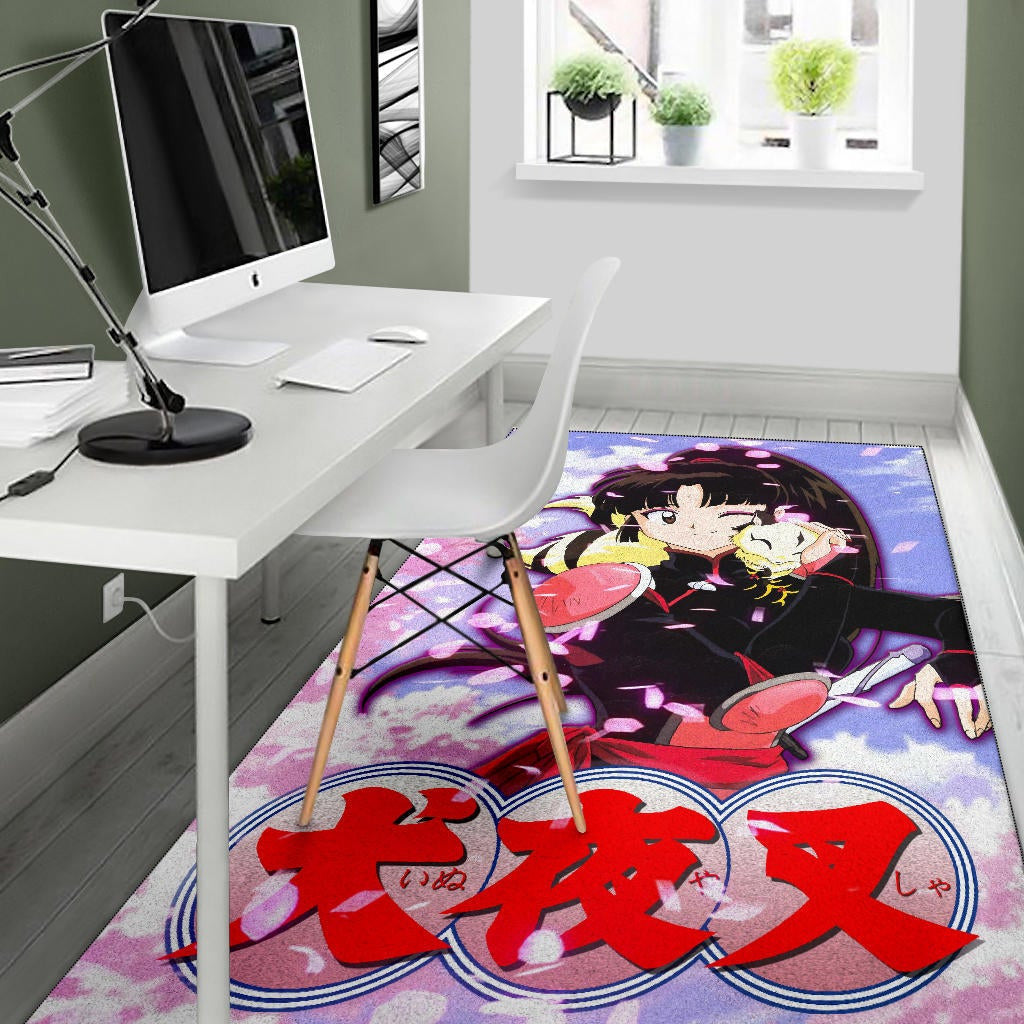 Inuyasha Anime Area Rug Sango And Kirara Hugging Sakura Blossom Kanji Text Rugs Home Decor