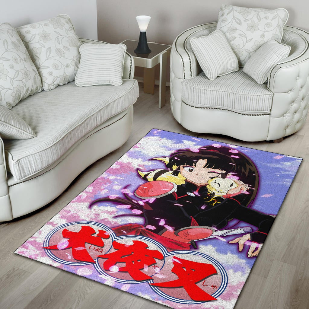 Inuyasha Anime Area Rug Sango And Kirara Hugging Sakura Blossom Kanji Text Rugs Home Decor