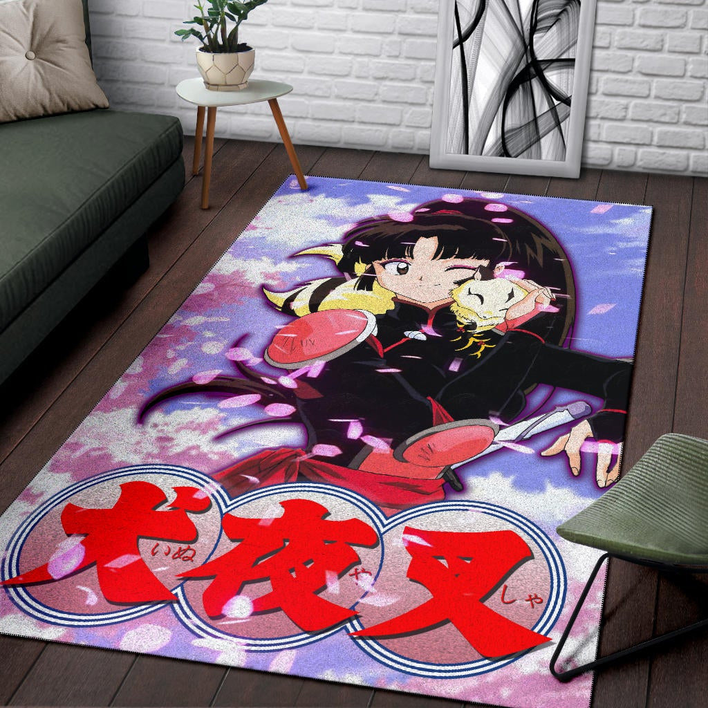 Inuyasha Anime Area Rug Sango And Kirara Hugging Sakura Blossom Kanji Text Rugs Home Decor