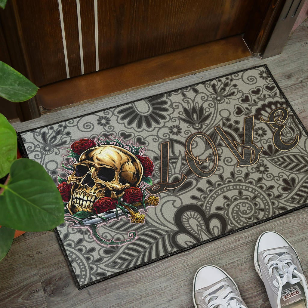 Valentine Door Mat - Golden Skull On Bunch Of Rose Flower Love Door Mat Home Decor