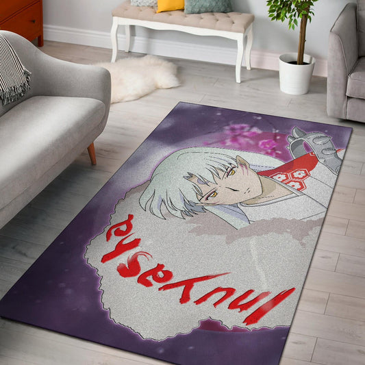 Inuyasha Anime Area Rug Sad Sesshomaru Face Sakura Blossom Flower At Night Rugs Home Decor