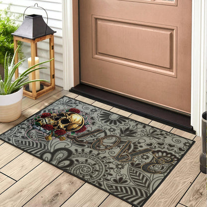 Valentine Door Mat - Golden Skull On Bunch Of Rose Flower Love Door Mat Home Decor