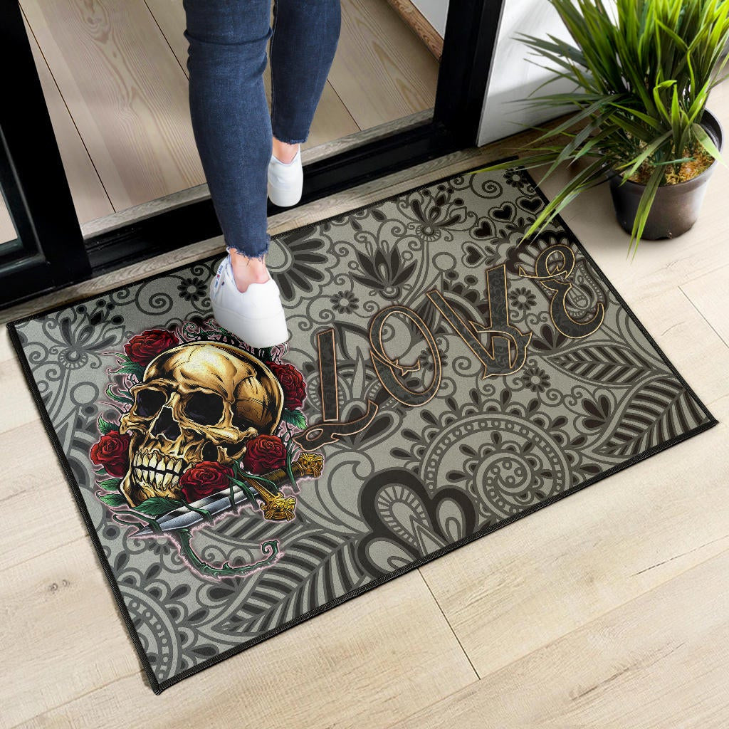 Valentine Door Mat - Golden Skull On Bunch Of Rose Flower Love Door Mat Home Decor