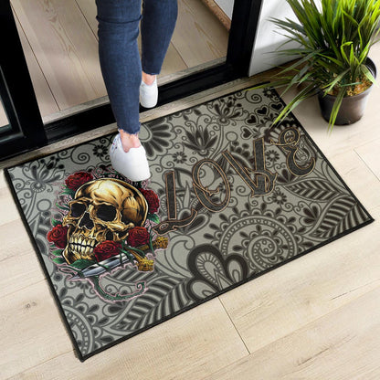 Valentine Door Mat - Golden Skull On Bunch Of Rose Flower Love Door Mat Home Decor