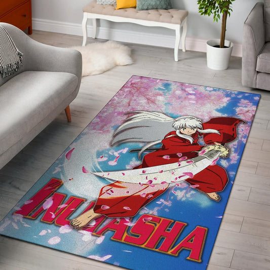 Inuyasha Anime Area Rug Inuyasha Using Sword Sakura Blossom Flower Flying Rugs Home Decor