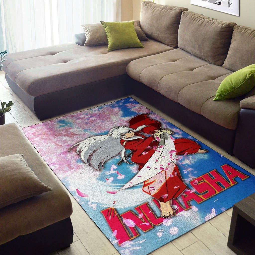 Inuyasha Anime Area Rug Inuyasha Using Sword Sakura Blossom Flower Flying Rugs Home Decor