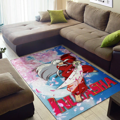 Inuyasha Anime Area Rug Inuyasha Using Sword Sakura Blossom Flower Flying Rugs Home Decor