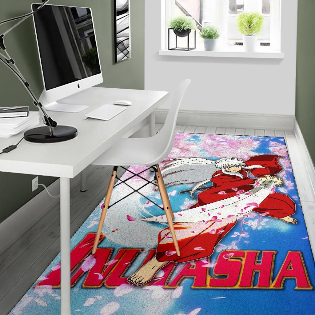 Inuyasha Anime Area Rug Inuyasha Using Sword Sakura Blossom Flower Flying Rugs Home Decor