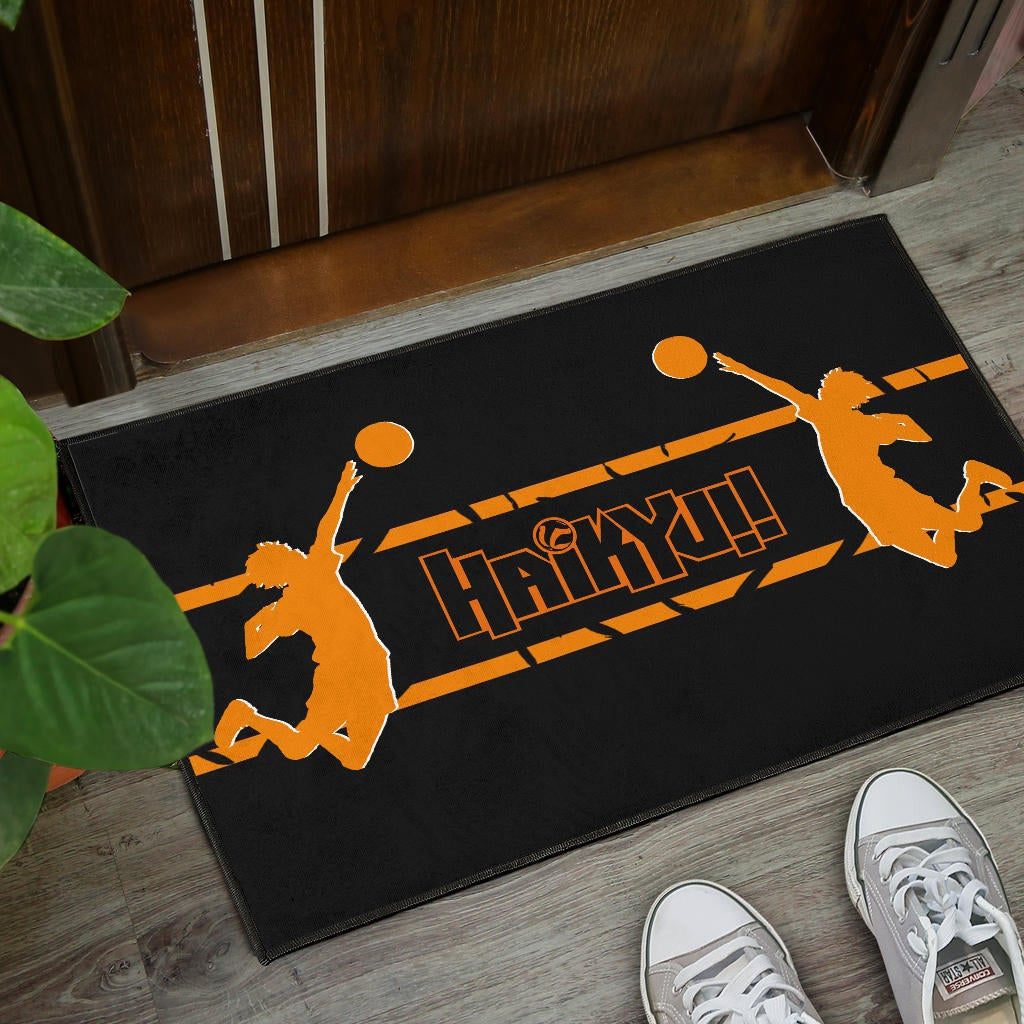 Haikyuu Anime Door Mat - Playing Volleyball Orange Silhouette Crow Feather Door Mat