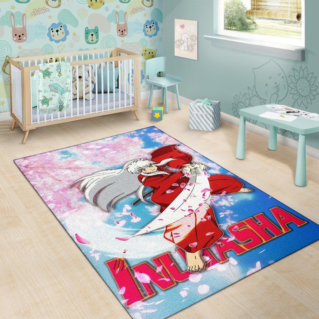 Inuyasha Anime Area Rug Inuyasha Using Sword Sakura Blossom Flower Flying Rugs Home Decor