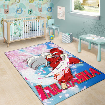 Inuyasha Anime Area Rug Inuyasha Using Sword Sakura Blossom Flower Flying Rugs Home Decor
