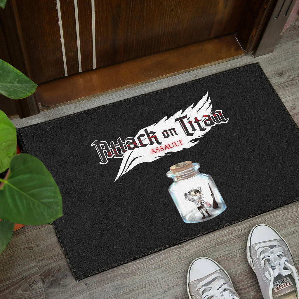 Attack On Titan Anime Door Mat - Funny Chibi Cleaning Levi In Jar Bottle Trap Door Mat Home Decor