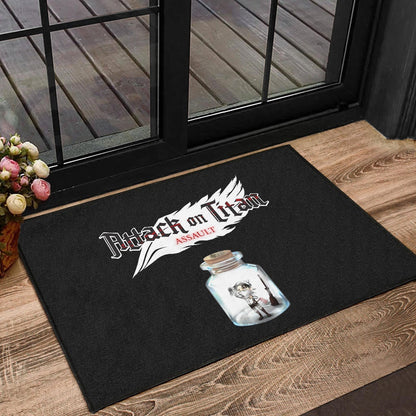 Attack On Titan Anime Door Mat - Funny Chibi Cleaning Levi In Jar Bottle Trap Door Mat Home Decor
