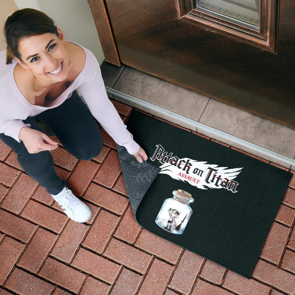 Attack On Titan Anime Door Mat - Funny Chibi Cleaning Levi In Jar Bottle Trap Door Mat Home Decor