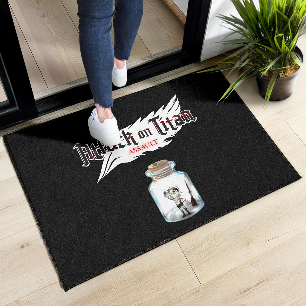 Attack On Titan Anime Door Mat - Funny Chibi Cleaning Levi In Jar Bottle Trap Door Mat Home Decor