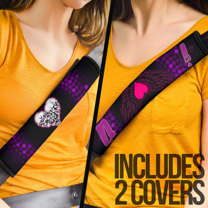 Valentine Seat Belt Covers - I Love You Purple Skull Heart With Wings Belt Covers
