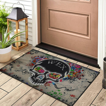 Skull Door Mat - Neon Skull Love Colorful Graffiti Tattoo Door Mat
