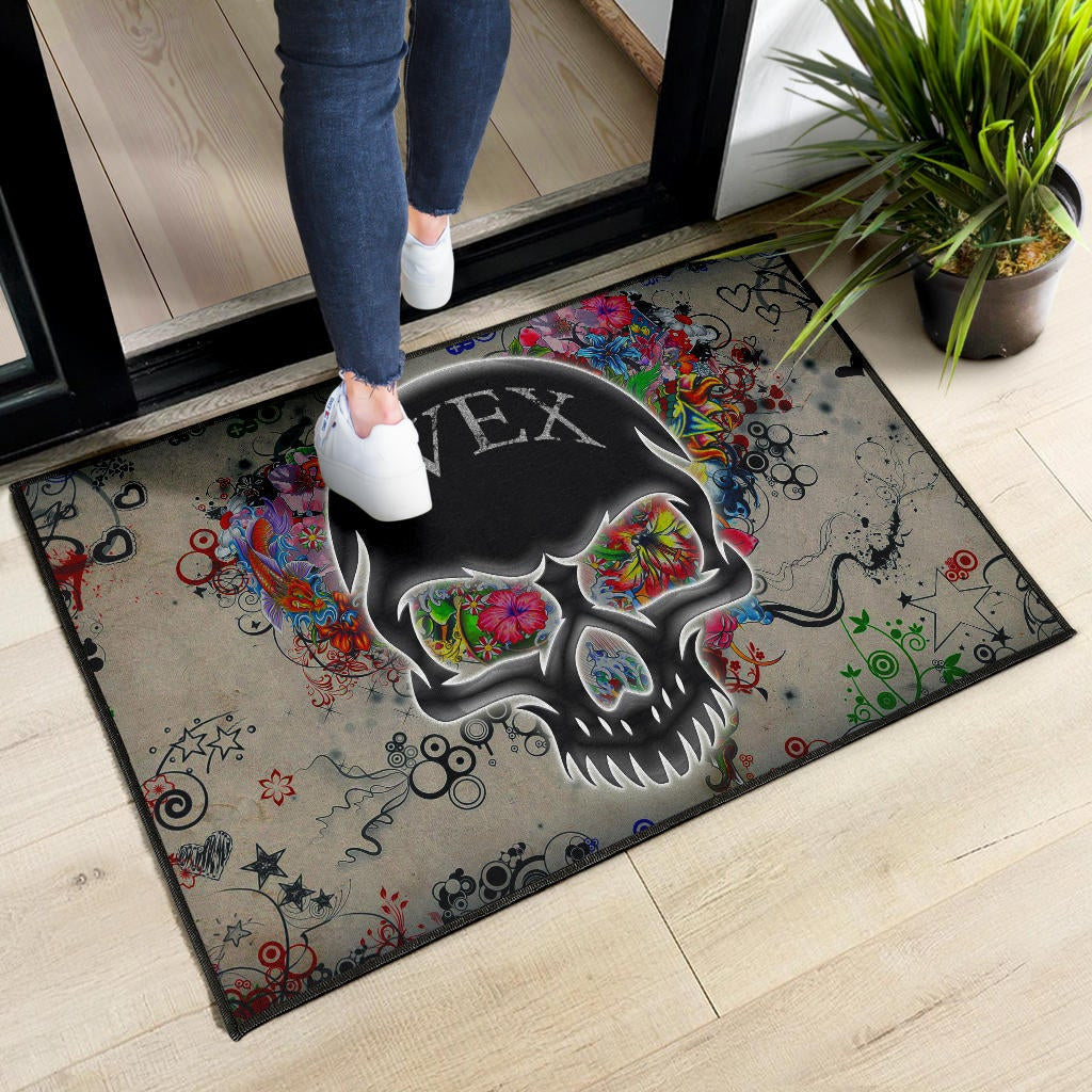 Skull Door Mat - Neon Skull Love Colorful Graffiti Tattoo Door Mat