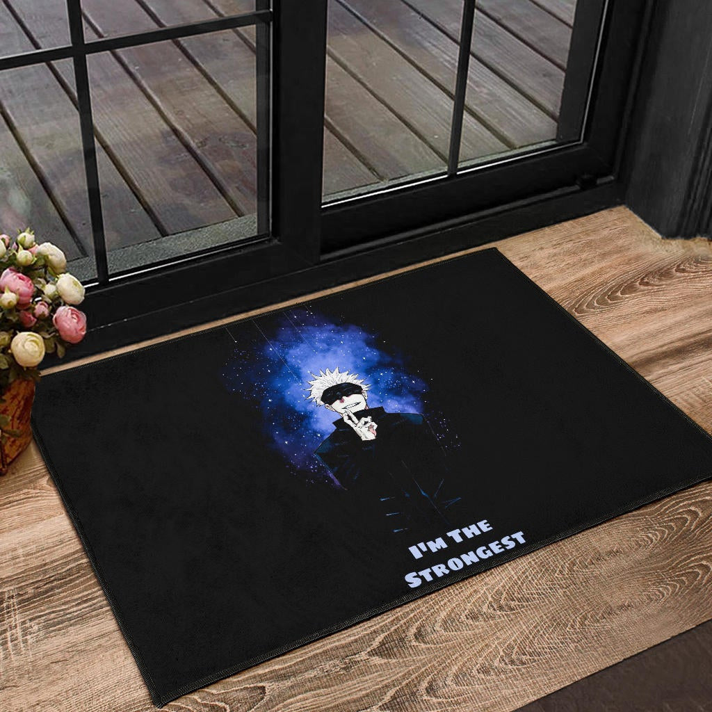Jujutsu Kaisen Anime Door Mat Satoru Gojo Smiling Hand Sign I'm The Strongest Door Mat Home Decor