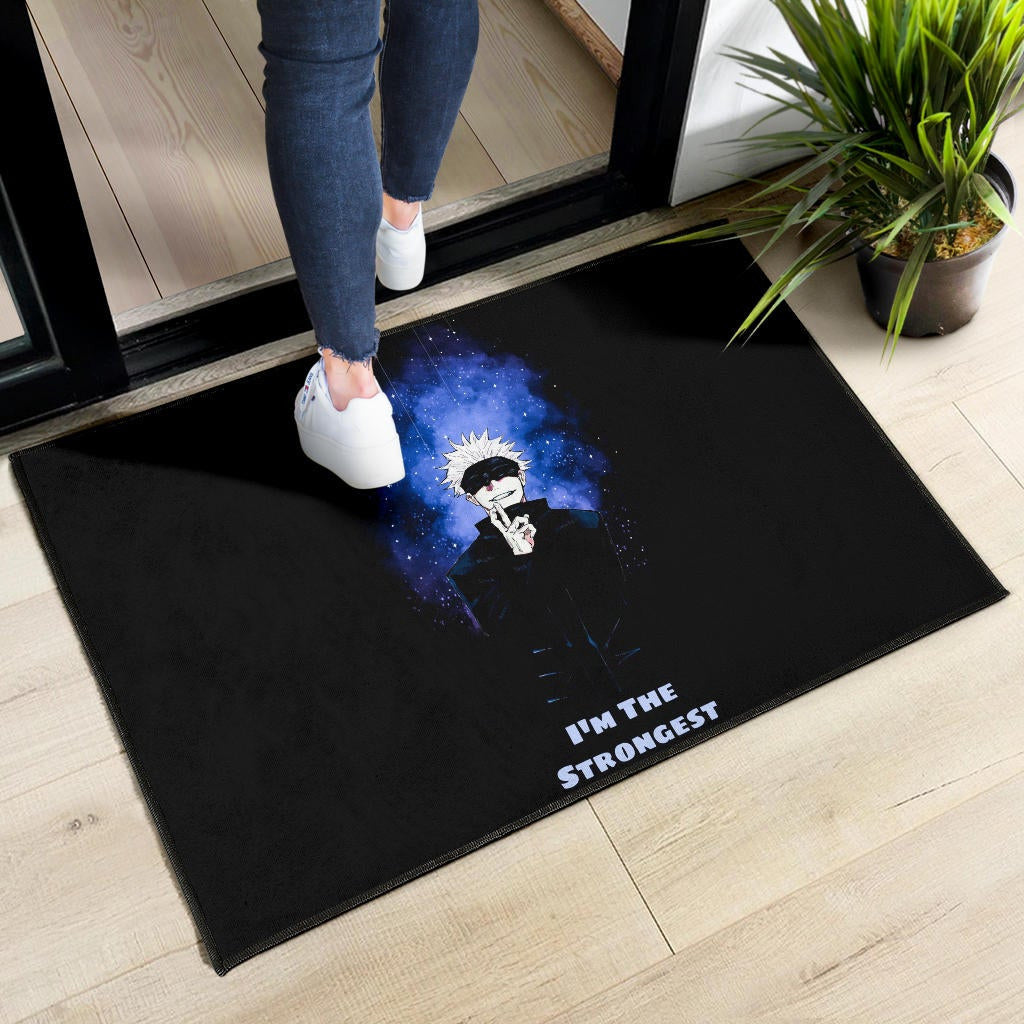 Jujutsu Kaisen Anime Door Mat Satoru Gojo Smiling Hand Sign I'm The Strongest Door Mat Home Decor