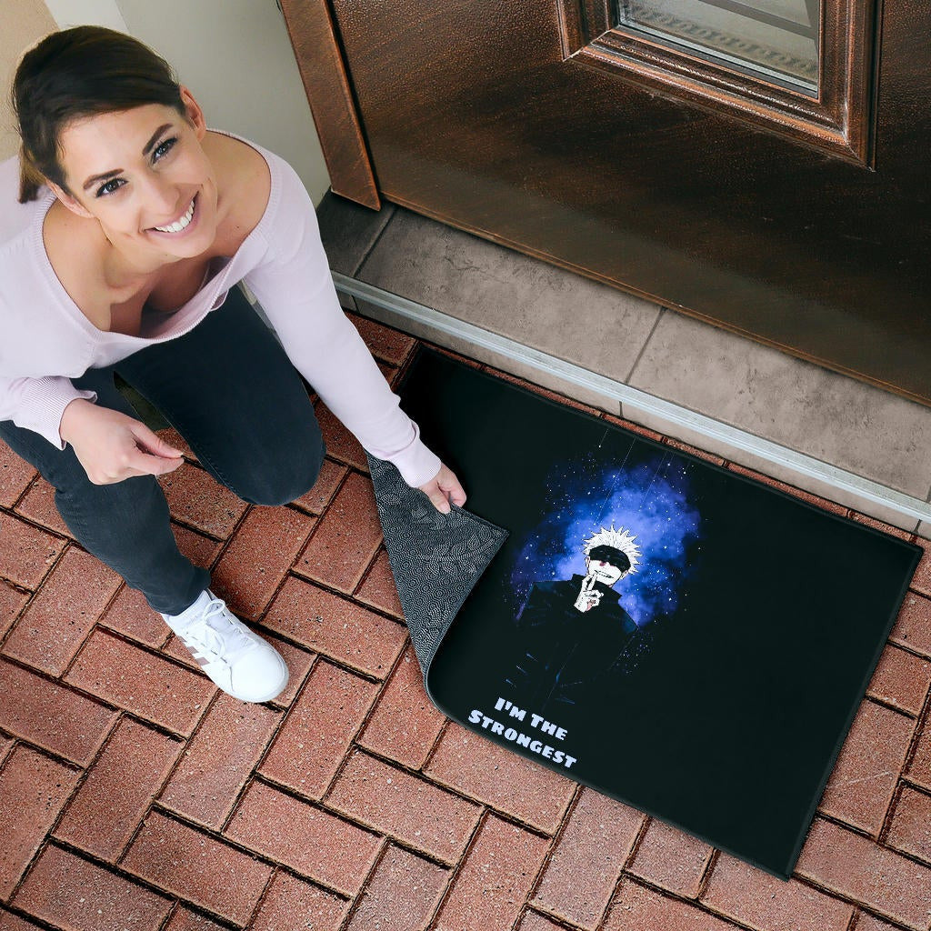 Jujutsu Kaisen Anime Door Mat Satoru Gojo Smiling Hand Sign I'm The Strongest Door Mat Home Decor