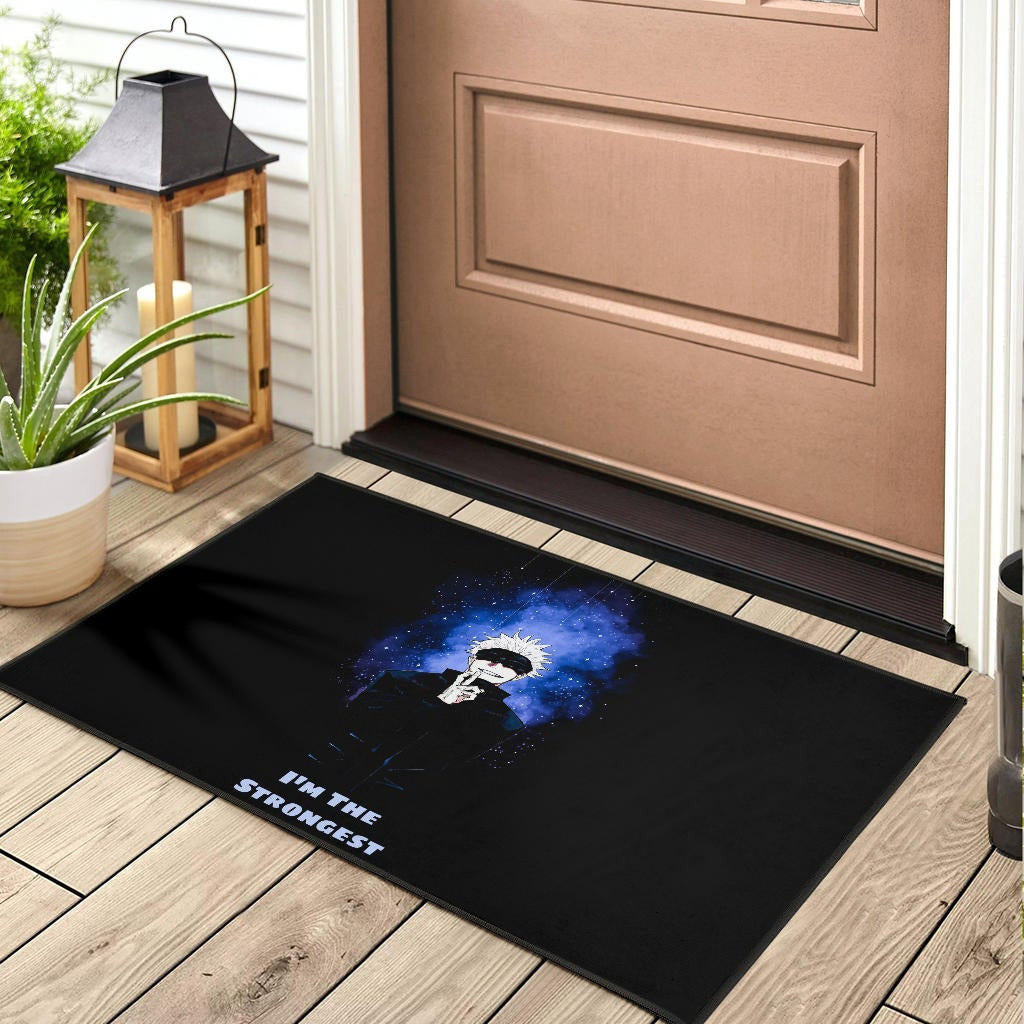 Jujutsu Kaisen Anime Door Mat Satoru Gojo Smiling Hand Sign I'm The Strongest Door Mat Home Decor