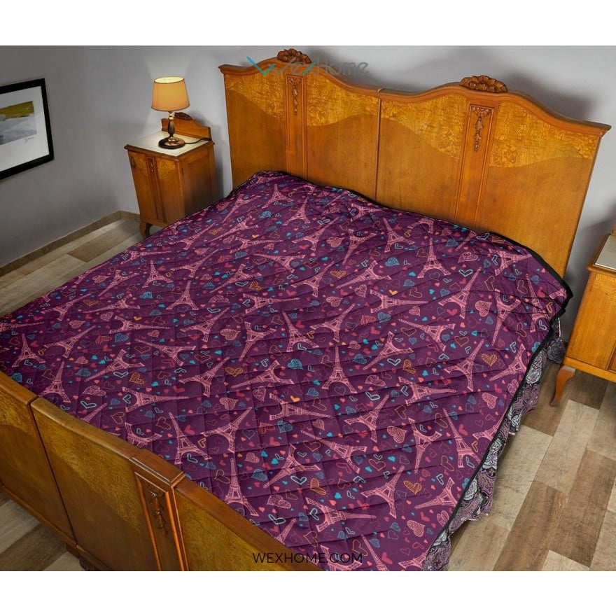 Eiffel Tower Heart Pattern Print Design 04 Premium Quilt