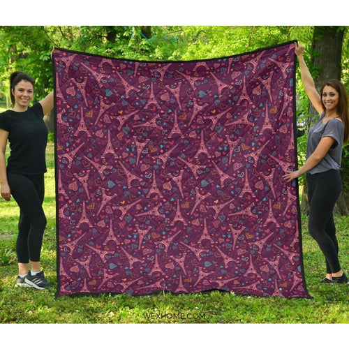Eiffel Tower Heart Pattern Print Design 04 Premium Quilt