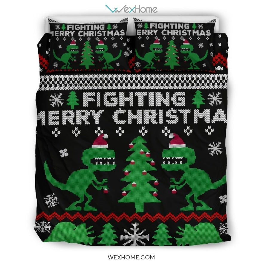 Dinosaur Fighting Merry Christmas Bedding Set