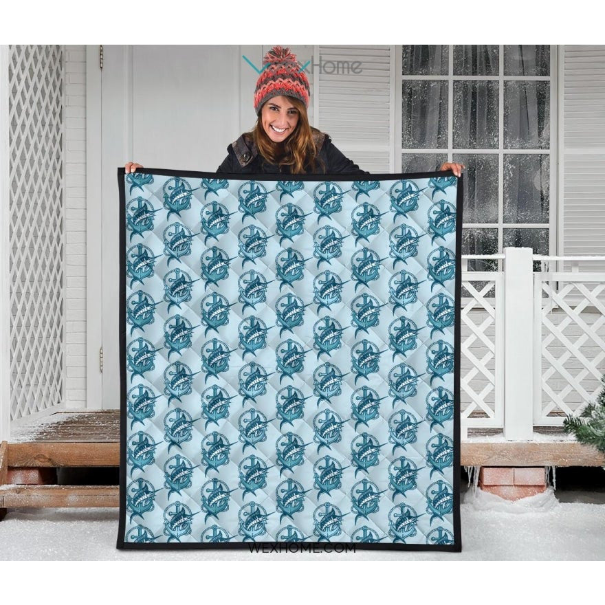 Swordfish Pattern Print Design 05 Premium Quilt